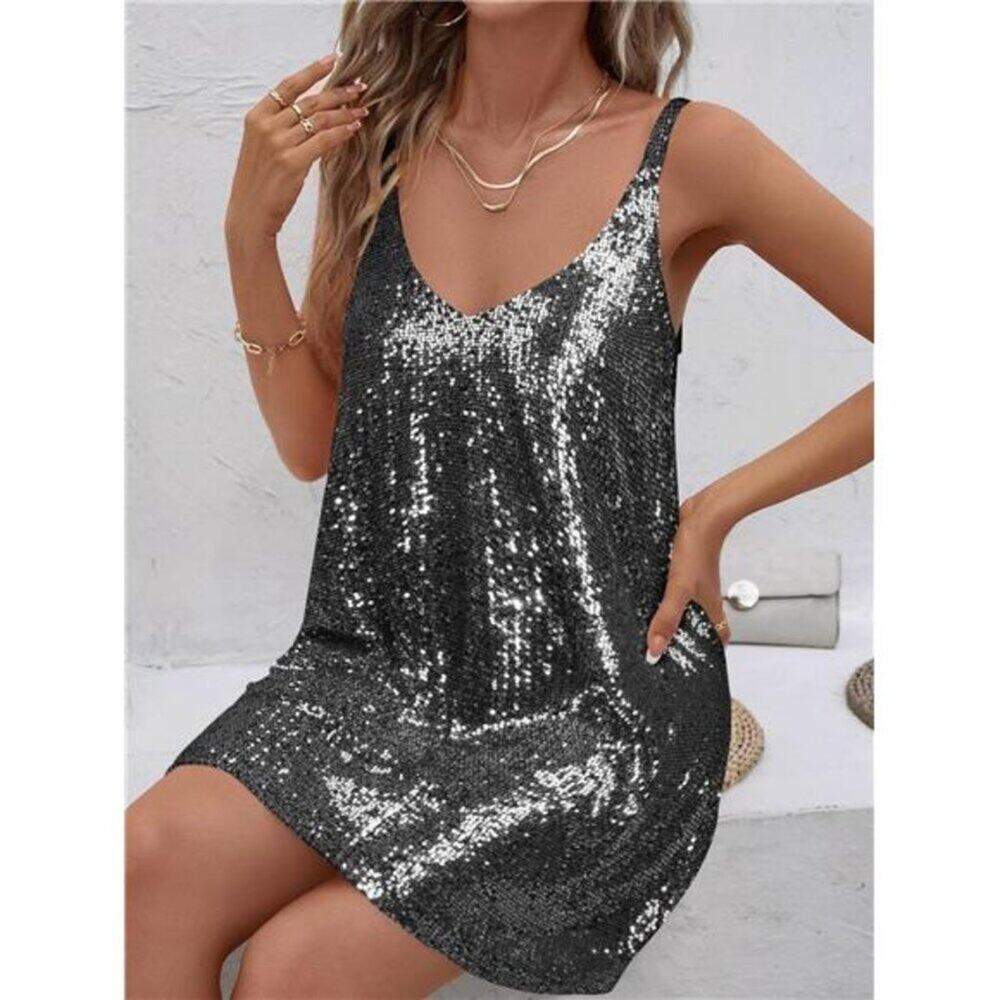 Black & Silver Sequin V Neck Dress Sleeveless Shor Flowy Party Night Dress